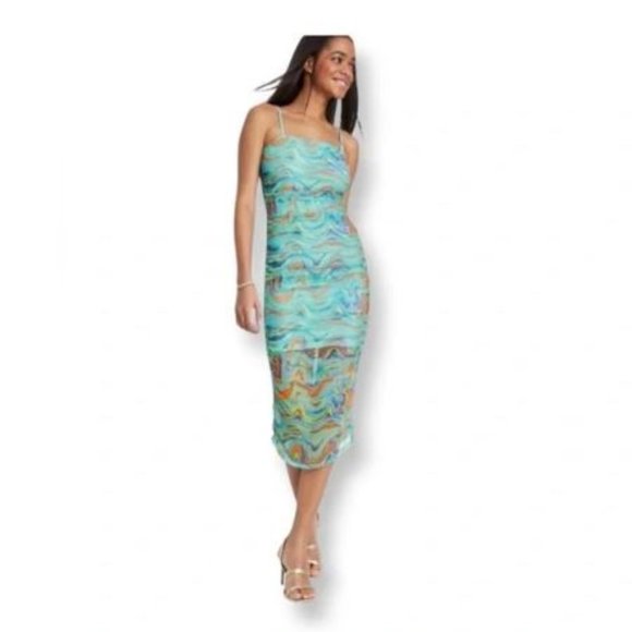 Wild Fable Wave Print Ruched Mesh Bodycon Dress - Picture 2 of 15